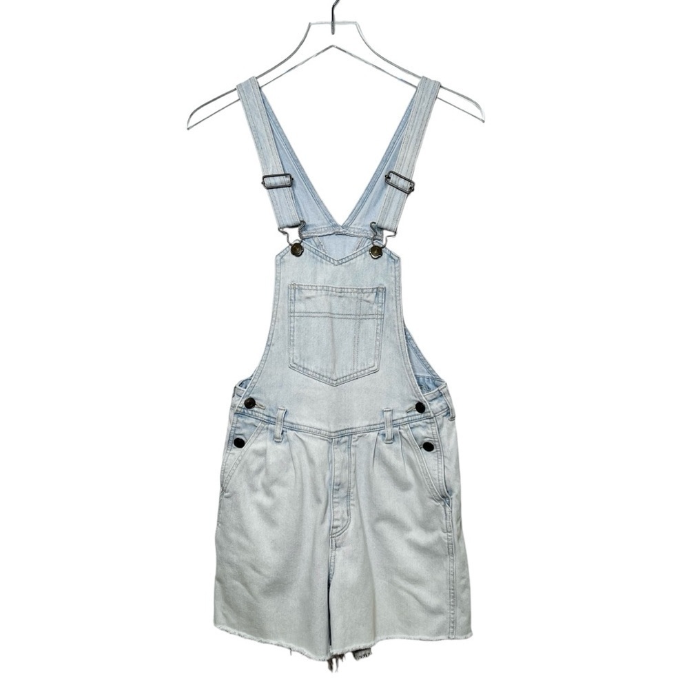 American Eagle Light Wash Mom Denim Shortalls Cutoff Overalls Sz 2 - Picture 2 of 11